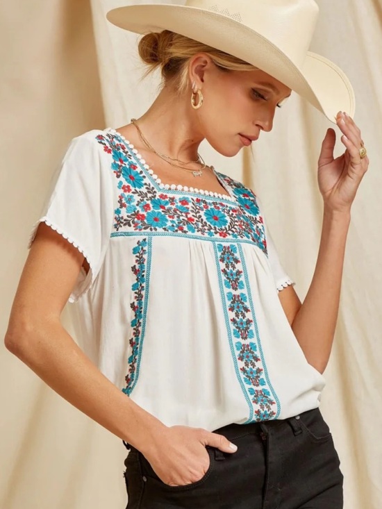Savanna Jane Tops - Savanna Jane Floral Embroidered Short Sleeve Square Neck Top White Size Small